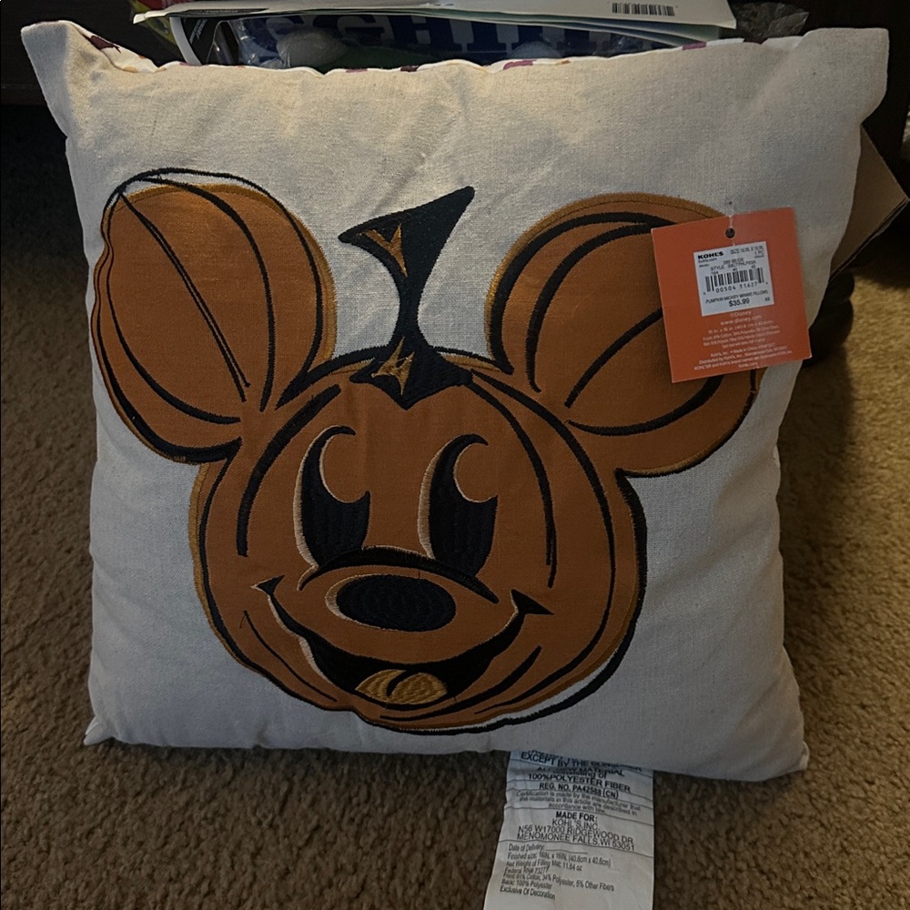 Disney Halloween Mickey Mouse embroidered Pumpkin 16x16 Throw Pillow NWT